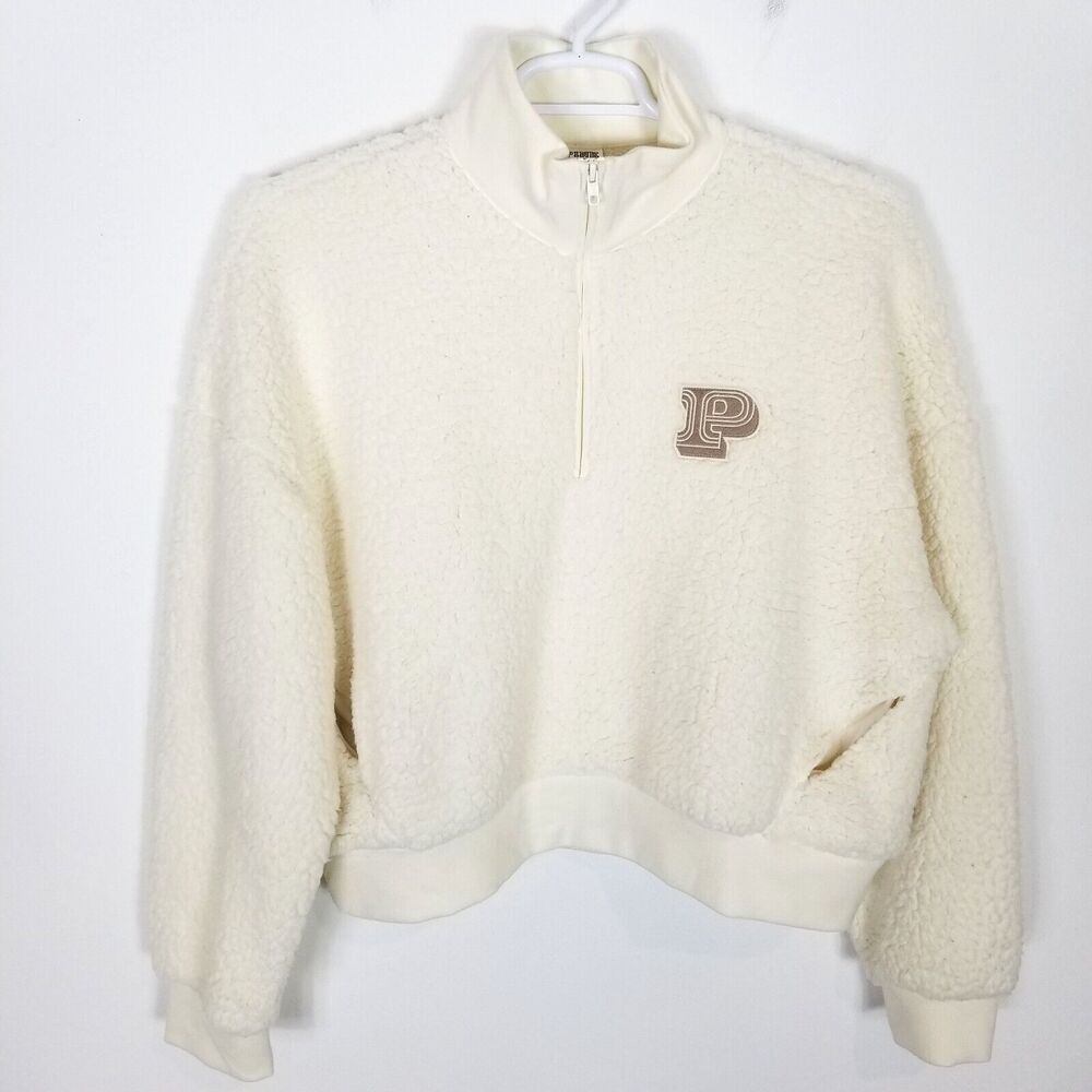Pink Victoria's Secret Women Cozy Fleece Half Zip Pullover Jacket Sz L Ivory